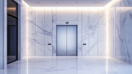 Modern Elevator doors of office or hotel hallway,holiday season decor with christmas tree,Lobby interior, corridor in house with lift,marble elegant lift for passenger or cargo elevators,copy space.