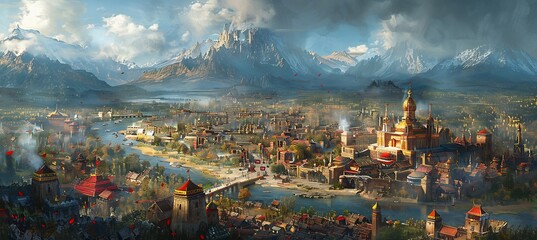  A secluded mountain valley where a crystal-clear river winds through green meadows, with towering cliffs rising on either side and the soft light of dawn illuminating the peaks 