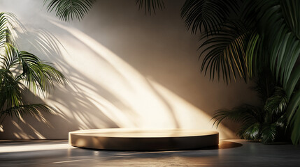 Obraz premium A round podium in the center of an empty room with palm leaves, soft lighting, and shadows, in a minimalist style