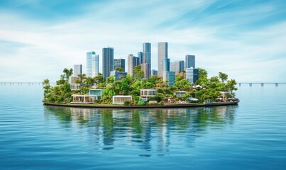 Fototapeta premium Green island city with modern architecture in tranquil ocean setting