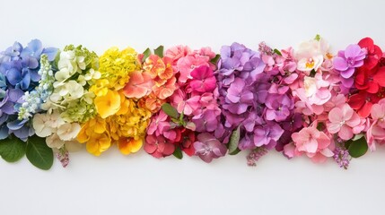 Beautifully arranged gradient of real flowers showcasing all rainbow colors in a stunning floral display at a vibrant garden setting