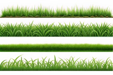 Set of four realistic green grass border elements showing varying lengths, density, and soil base. Isolated on white background. Natural design elements for spring
