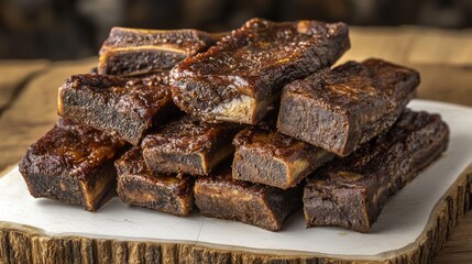 Tender, glossy short ribs artfully presented on a rustic wood surface. A delicious, close-up culinary shot