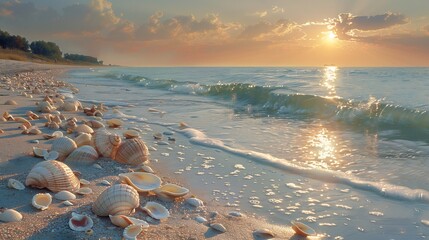  A serene beach scene at twilight, with soft golden light reflecting off the calm waters, and seashells scattered across the shore, as the sun dips below the horizon. 