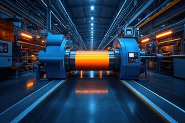 Obraz premium Industrial factory interior with large machinery and glowing orange metal roll. Modern manufacturing process.