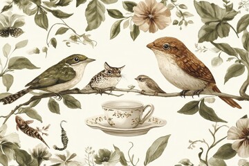 Birds Tea Party Whimsical Watercolor Illustration.