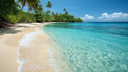  A serene beach with crystal-clear waters and white sands, with gentle waves lapping the shore and distant palm trees framing the scene. 