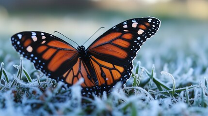 Fototapeta premium A butterfly perched on a flower with delicate wings fluttering gently. 