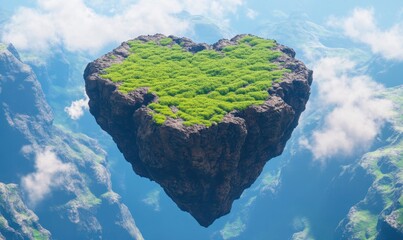 Heart-shaped island floating above clouds and mountains, ideal for fantasy concepts