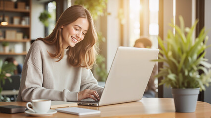 Teenage Female Intern Working on Laptop - Summer Tech Internship in Modern Cafe Environment for Job Search Resources and Career Development Content