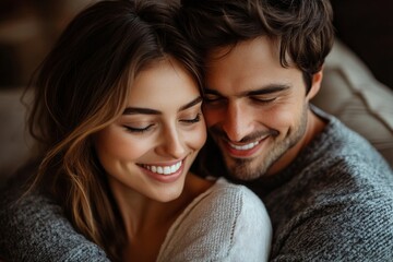 Spending nice time at home. Beautiful young loving couple bonding to each other and smiling