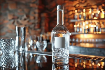 A clear glass bottle filled with ice sits on a bar, with a blurred background of bottles and glassware, ready for a cocktail or drink preparation.
