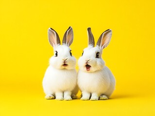 Obraz premium Two White Rabbits on Yellow Background.