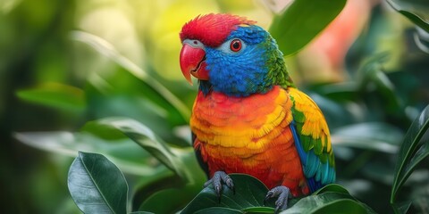 Naklejka premium Vibrant rainbow lorikeet perched among lush green foliage in a tropical setting.