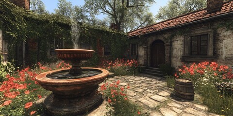  A serene flower-filled courtyard with ivy-covered walls and a bubbling fountain in the center, casting calming reflections on the stone ground. 