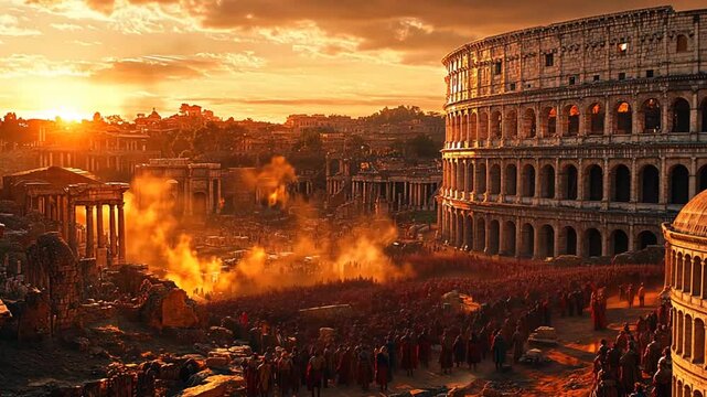 Roman soldiers battle sunrise Colosseum. Stock photo