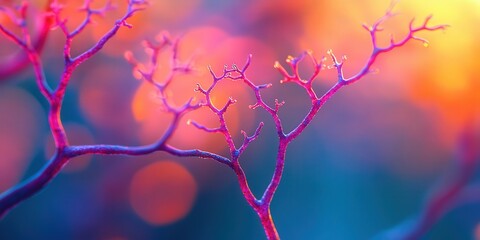 Vibrant branches against a blurred, colorful bokeh background in shades of orange and blue.