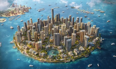 Island city skyline with skyscrapers, boats, and ocean view, ideal for urban development concepts