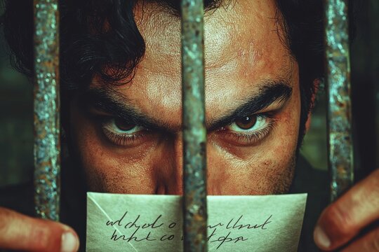 Intense eyes of a prisoner reading a letter behind bars, conveying desperation, longing, and a glimmer of hope amidst confinement in the shadows.