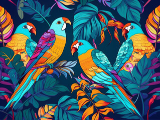 Vibrant bird with multicolored feathers among lush tropical leaves, creating an eye-catching and exotic scene. 2D style illustration. 