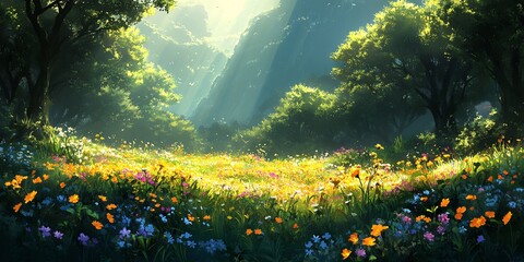  A serene forest glade, with wildflowers in bloom and sunlight filtering through the trees, casting dappled light across the forest floor. 
