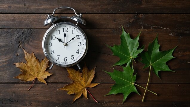 Vintage old alarm clock on wooden surface with metal details and classic design