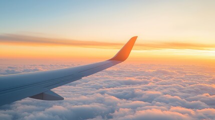 Obraz premium A serene view of an airplane wing above fluffy clouds during a colorful sunset, evoking a sense of travel and adventure.
