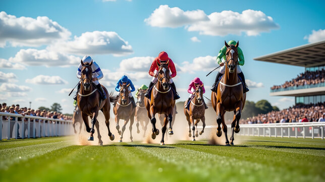 Thoroughbred Racehorses in Action &ndash; Dynamic View of Jockeys in Colorful Silks at Stadium Track for Betting Enthusiasts and Grand National Horse Race Coverage