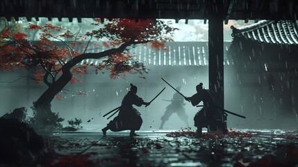 Samurai Silhouette Duel: Dramatic Katana Combat in Vibrant Rainy Japanese Forest