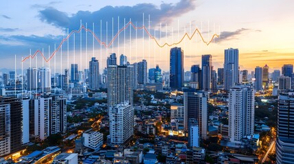 City Skyline with Financial Data Graph Overlay at Sunset in a Modern Urban Environment