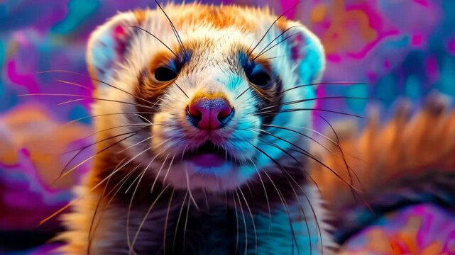 This adorable ferret, with bright fur and inquisitive eyes, explores its surroundings in a cozy indoor setting filled with vibrant colors and patterns.