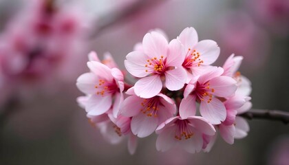 Fototapeta premium A cluster of pink cherry blossom flowers. The flowers are in full bloom, with delicate petals that are a soft pink color and have small orange centers. The petals are arranged in a cluster, with some