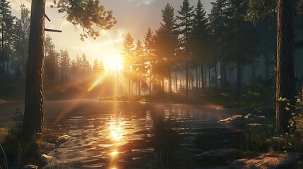  A serene forest with tall pine trees towering above, sunlight filtering through the branches, and a quiet stream flowing peacefully through a bed of smooth stones, creating a tranquil atmosphere 