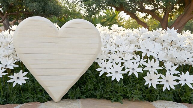 Heart Shaped Wooden Sign Surrounded by Lush White Flowers in a Tranquil Garden Setting