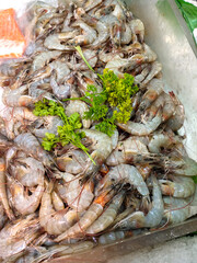 Fresh shrimps sold in the seafood section of the super market