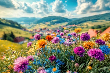 A vibrant display of colorful wildflowers in a meadow, overlooking a charming village nestled in the rolling hills under a bright blue sky with fluffy clouds.