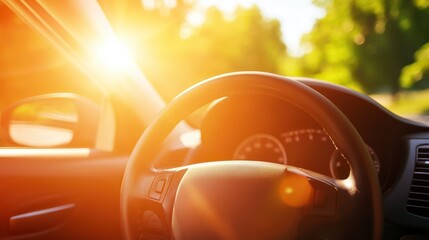 Sunlit Journey: Capture the bright, vibrant atmosphere of a sunny day as seen from the driver's seat of a car, with the sun illuminating the interior and creating a sense of adventure.