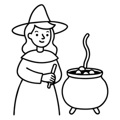 A funny cartoon illustration of a witch cook stirring food in a cauldron