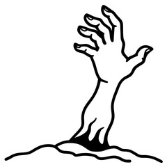 Zombie hand reaching out from the ground line art vector illustration