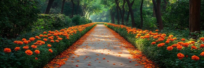  A serene garden pathway lined with neatly trimmed hedges and rose bushes, the air filled with the sweet scent of flowers. 