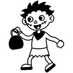 Zombie kid holding a trick or treat bag line art vector illustration