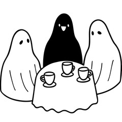 A group of ghosts having a tea party line art vector illustration