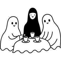 A group of ghosts having a tea party line art vector illustration