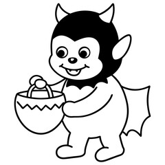 Baby Monster trick or treating with tiny fangs line art vector illustration