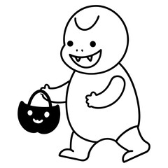 Baby Monster trick or treating with tiny fangs line art vector illustration