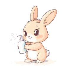Obraz premium Cute bunny holding a bottle of liquid