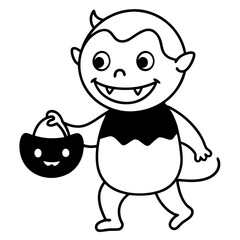 Baby Monster trick or treating with tiny fangs line art vector illustration