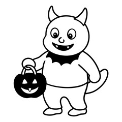 Baby Monster trick or treating with tiny fangs line art vector illustration