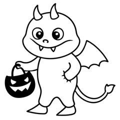 Baby Monster trick or treating with tiny fangs line art vector illustration