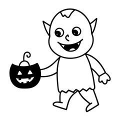 Baby Monster trick or treating with tiny fangs line art vector illustration